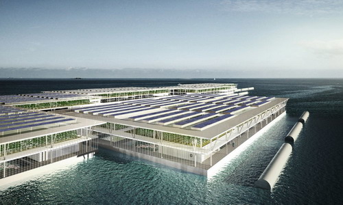 智能漂浮农场共有三层，面积达220万平方米，包括渔场、水培花园以及为驳船提供动力的屋顶太阳能电池板等