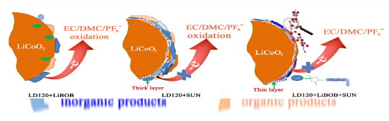 图4 电解质添加剂在正极表面形成的薄膜图像示意图（摘自杨勇报告）