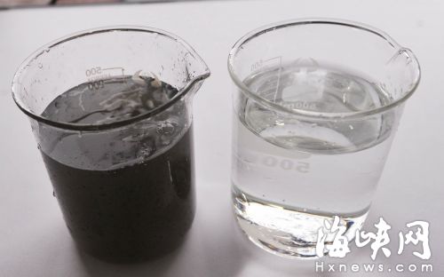 进厂未经处理的污水（左）处理后干净透明（右）