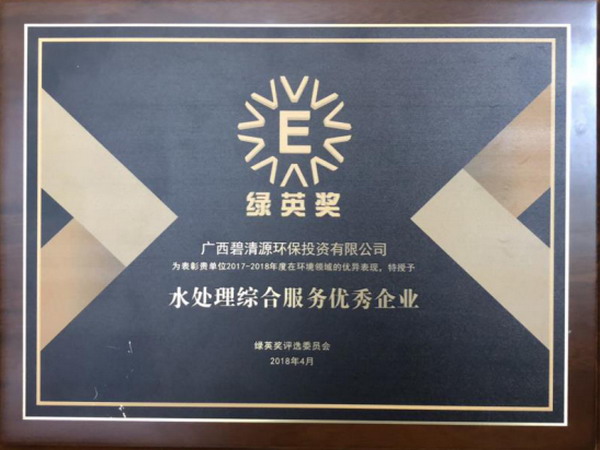 碧清源荣获2018年度“绿英奖”——水处理综合服务优秀企业