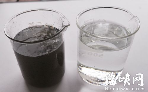 进厂未经处理的污水(左)处理后干净透明(右) 进厂未经处理的污水(左)处理后干净透明(右)