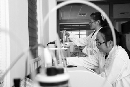 威海帕斯砜新材料公司实验室的工作人员正在进行实验 威海帕斯砜新材料公司实验室的工作人员正在进行实验