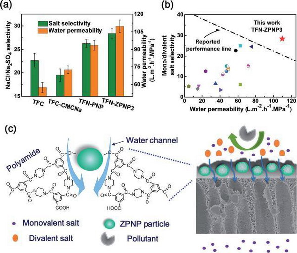 Fig. 4 (a) Separation performance of TFC, TFC-CMCNa, TFN-PNP, and TFN-ZPNP3 membranes tested with pure water and 1 g L-1 aqueous Na2SO4 and NaCl solutions (pH = 7.0) at 25 oC and 0.6 MPa; (b) comparison of the TFN-ZPNP3 membrane with various polyamide membranes reported in previous studies; (c) schematic illustration of the microstructure and separation performance of the TFN-ZPNP membrane. Reprinted with permission from Ref.[117]. Copy right (2015) Royal Society of Chemistry
