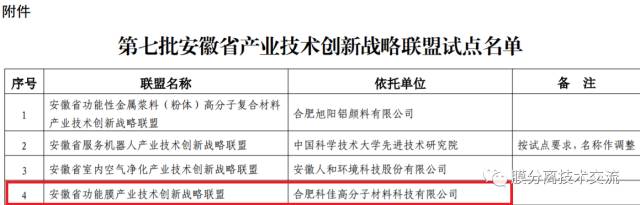 安徽省功能膜产业技术创新联盟获批进入省级试点名单 安徽省功能膜产业技术创新联盟获批进入省级试点名单