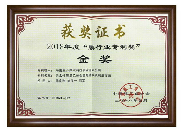 膜产业峰会为立昇颁授2018年度“膜行业专利奖”金奖 膜产业峰会为立昇颁授2018年度“膜行业专利奖”金奖
