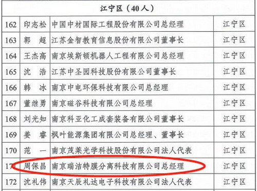 瑞洁特科技周保昌成功入选“南京市科技企业家名单”